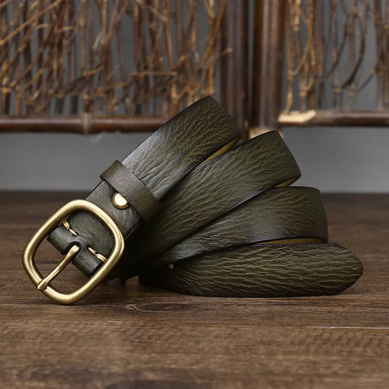 Handmade vintage-style women's leather belt with copper buckle in brown.