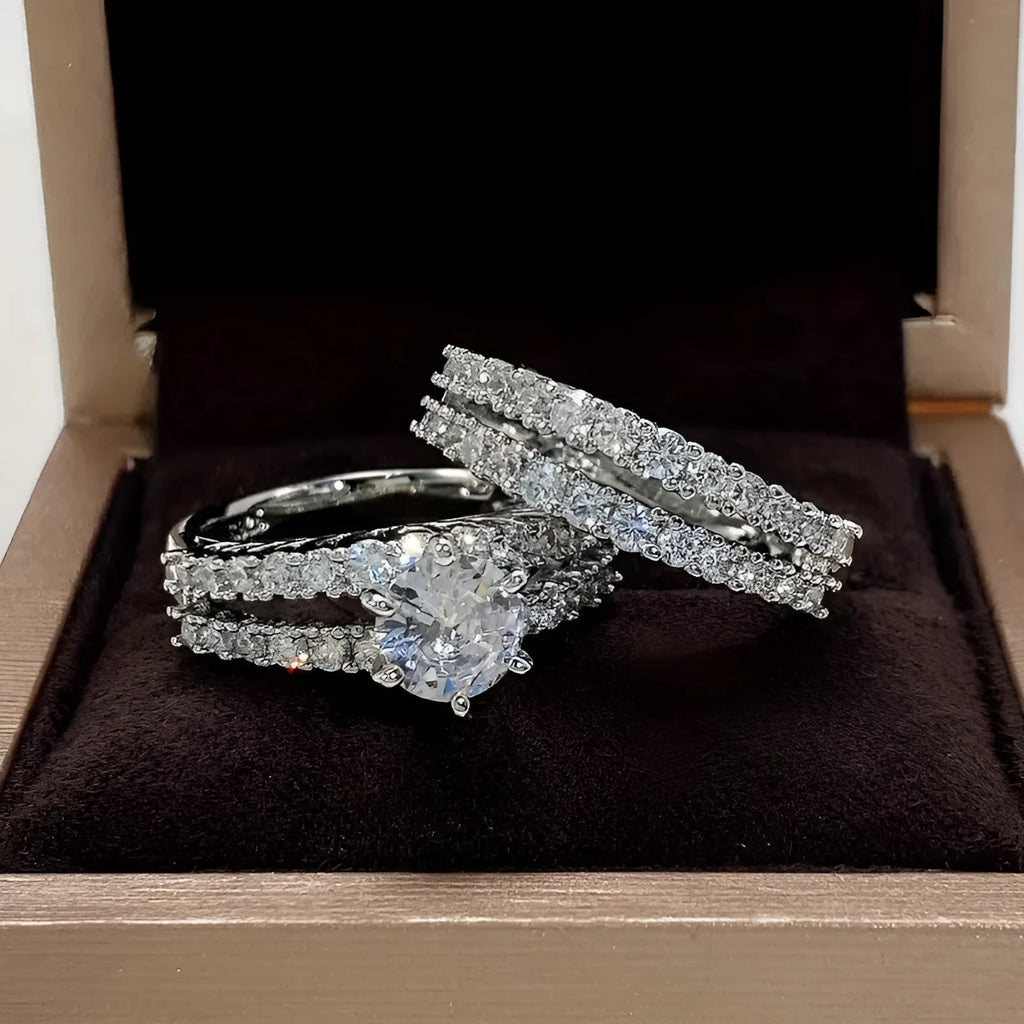 Women's convertible 2 in 1 ring set with fully-jewelled finish in silver, gold, and rose gold options