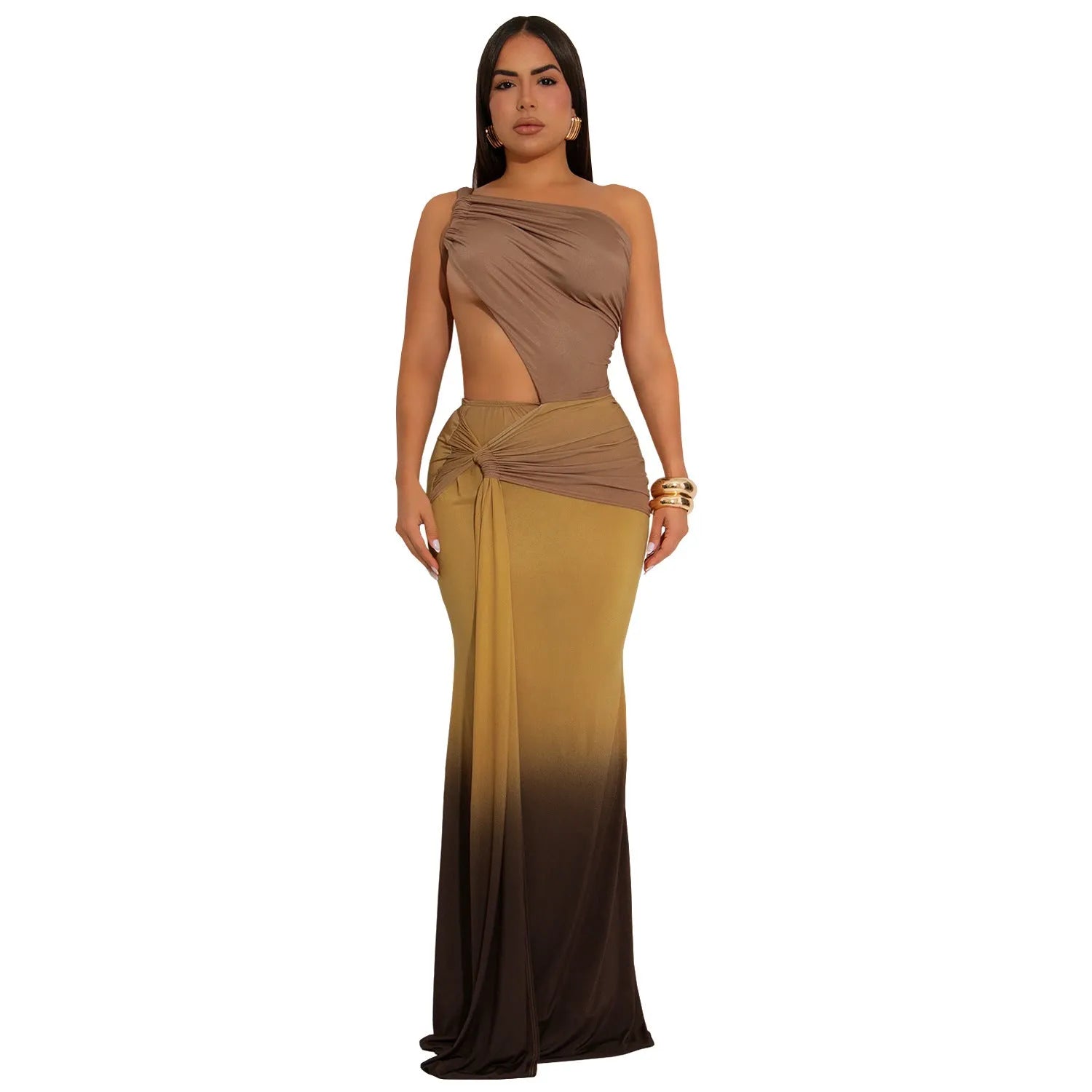 Long red gradient women's dress with cross-shoulder sleeveless neckline and high waist.