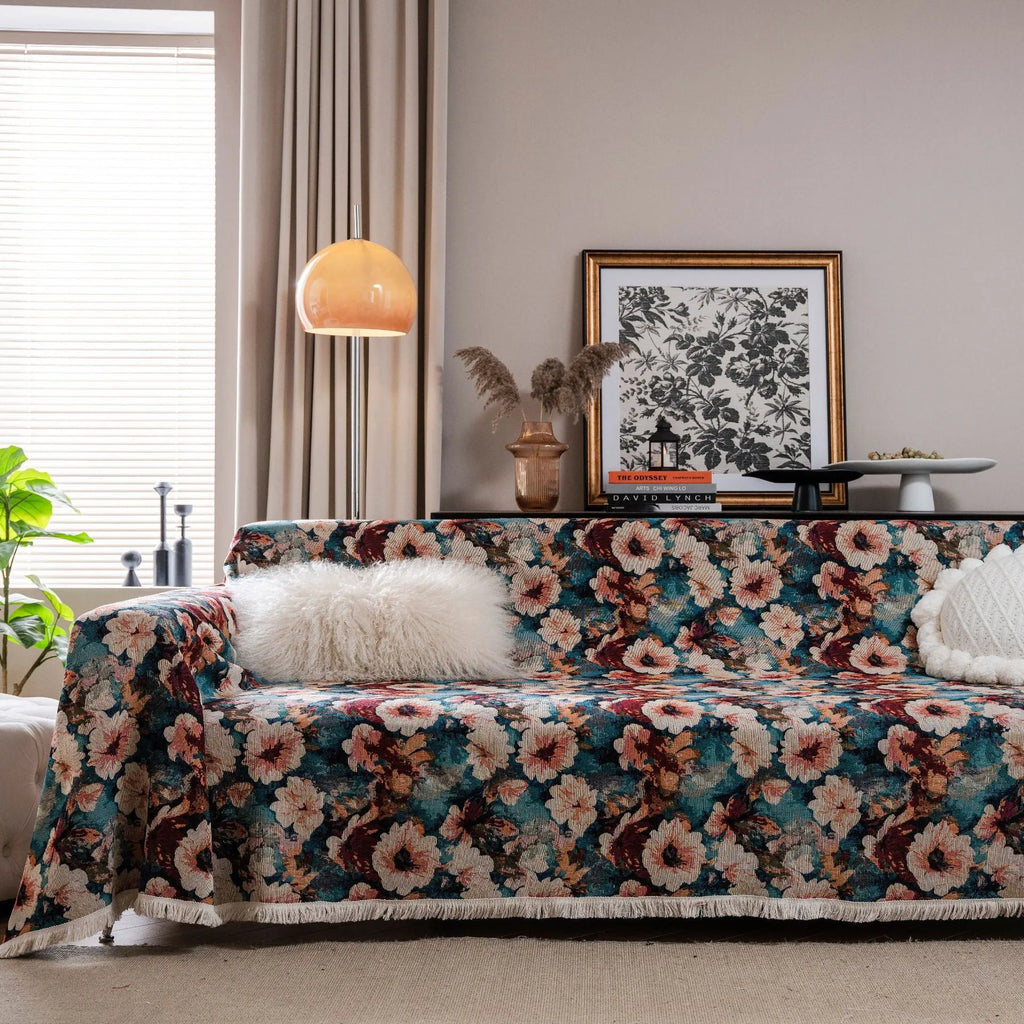 American country style jacquard floral patterned sofa cover in a retro design on a sofa.