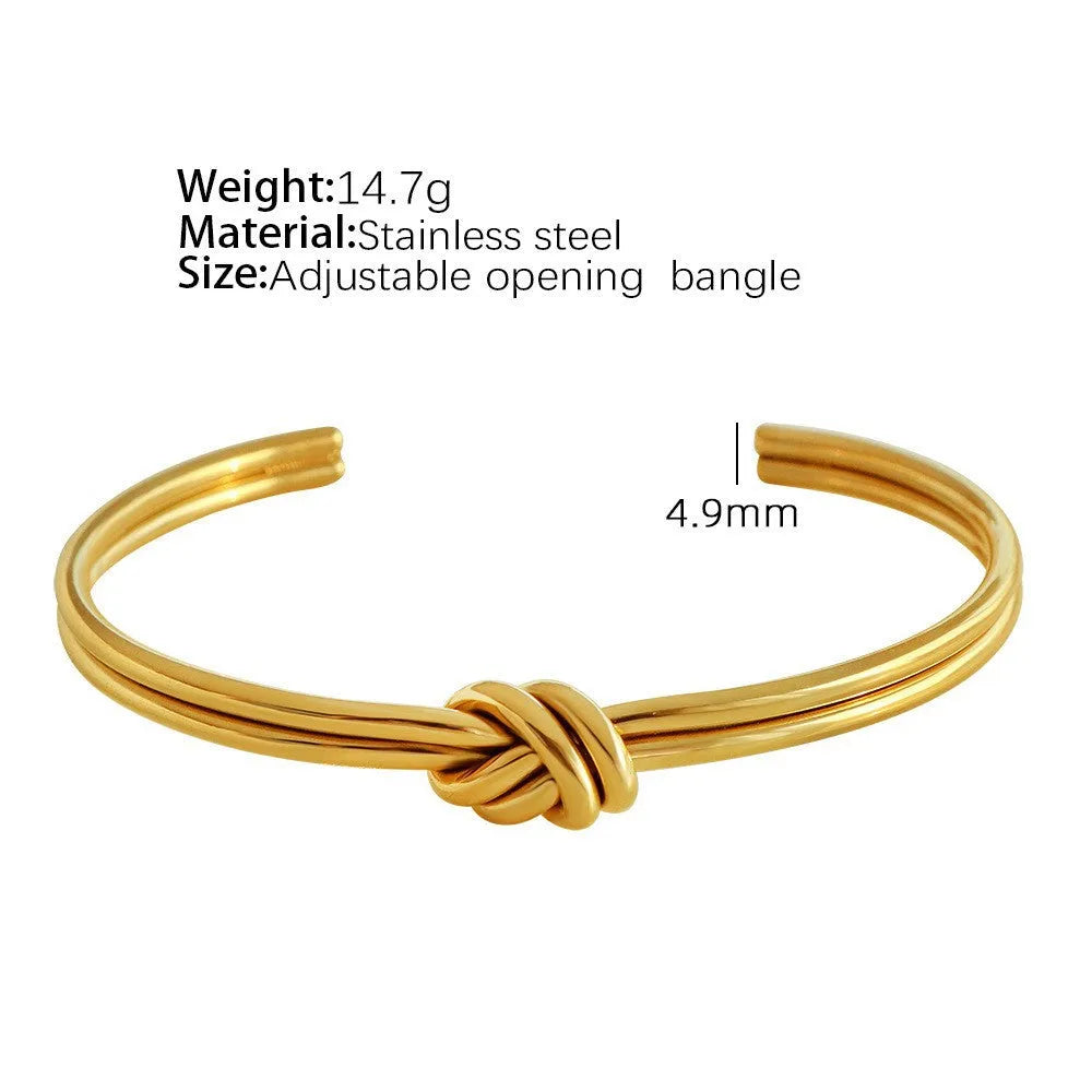 Women's adjustable stainless steel bracelet with knotted C-shaped open design and double-layer construction