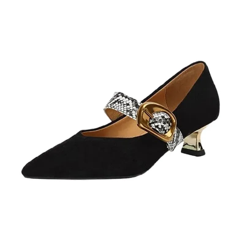 Women's black stiletto heels with buckle fastening and pointed toe design