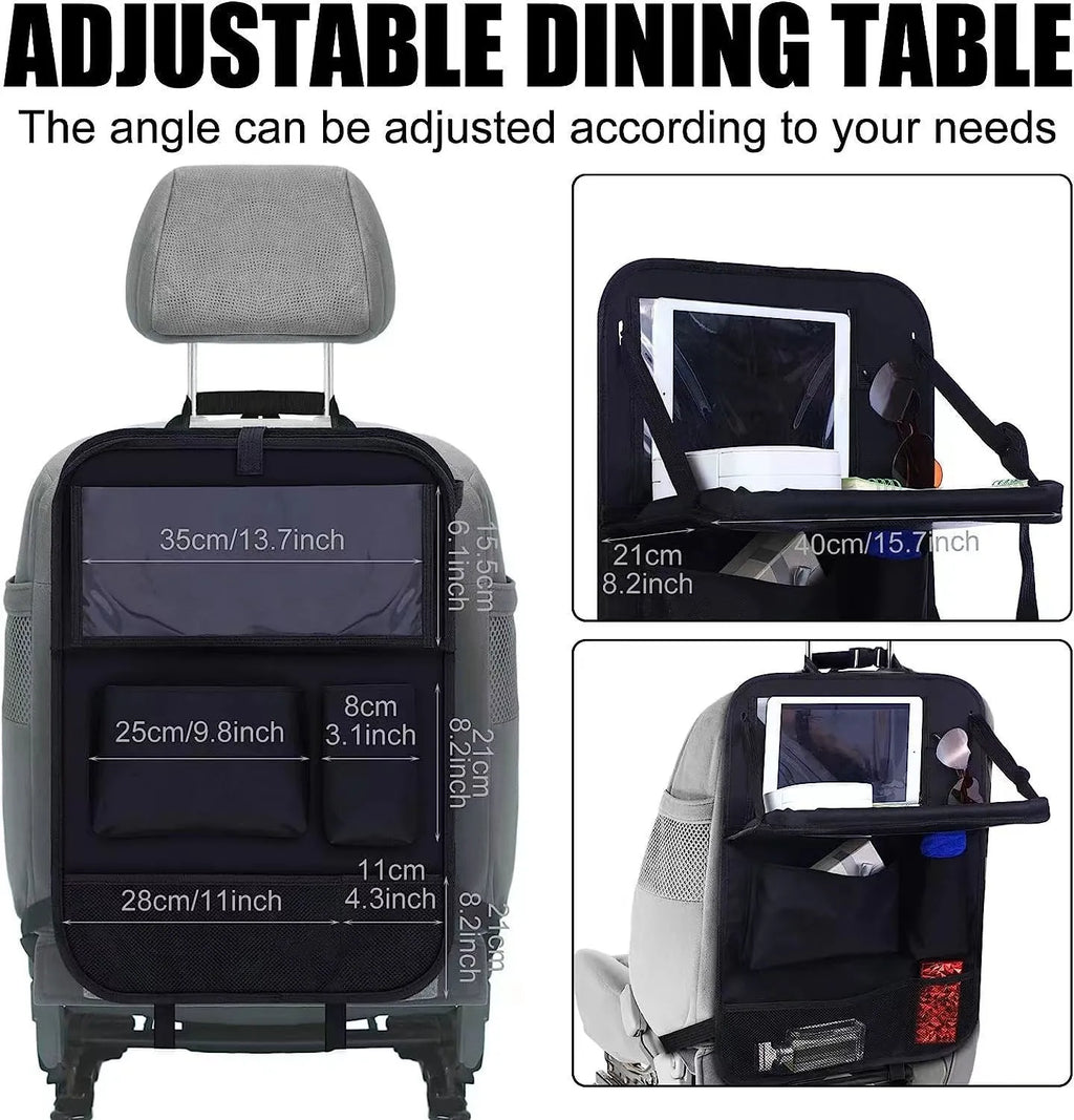 Black Oxford cloth buggy bag hanging behind car seat with dimensions 42x30 cm