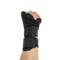 Black carbon fibre wrist guard with thumb strap and grey edging, shown for left and right hand.