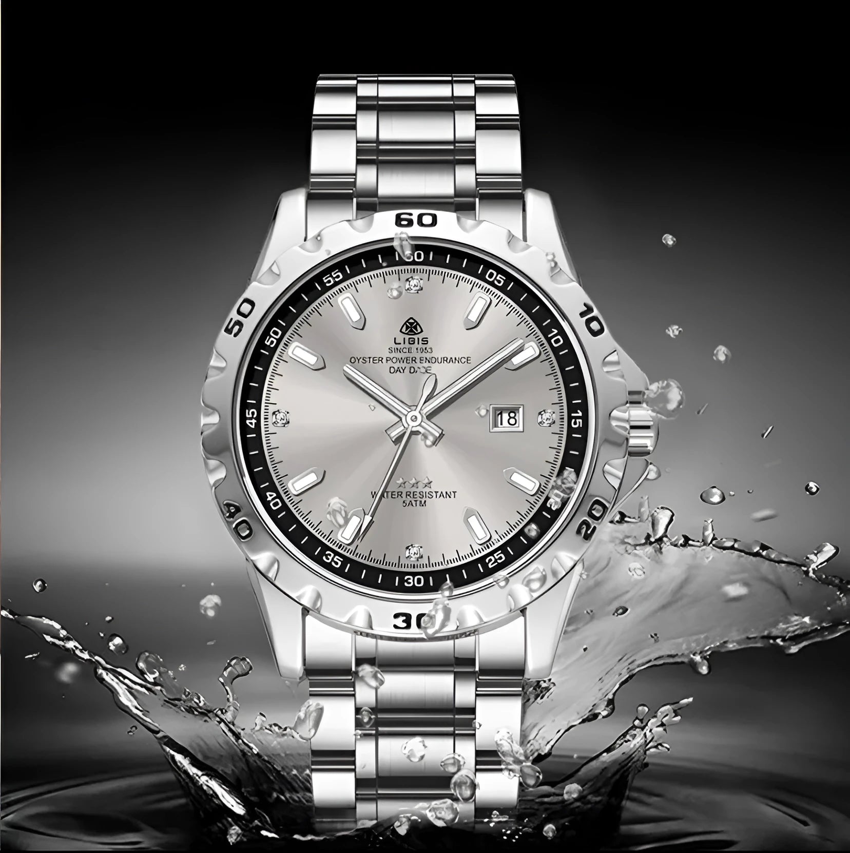 Silver men's quartz watch with luminous hands and stainless steel strap on wrist