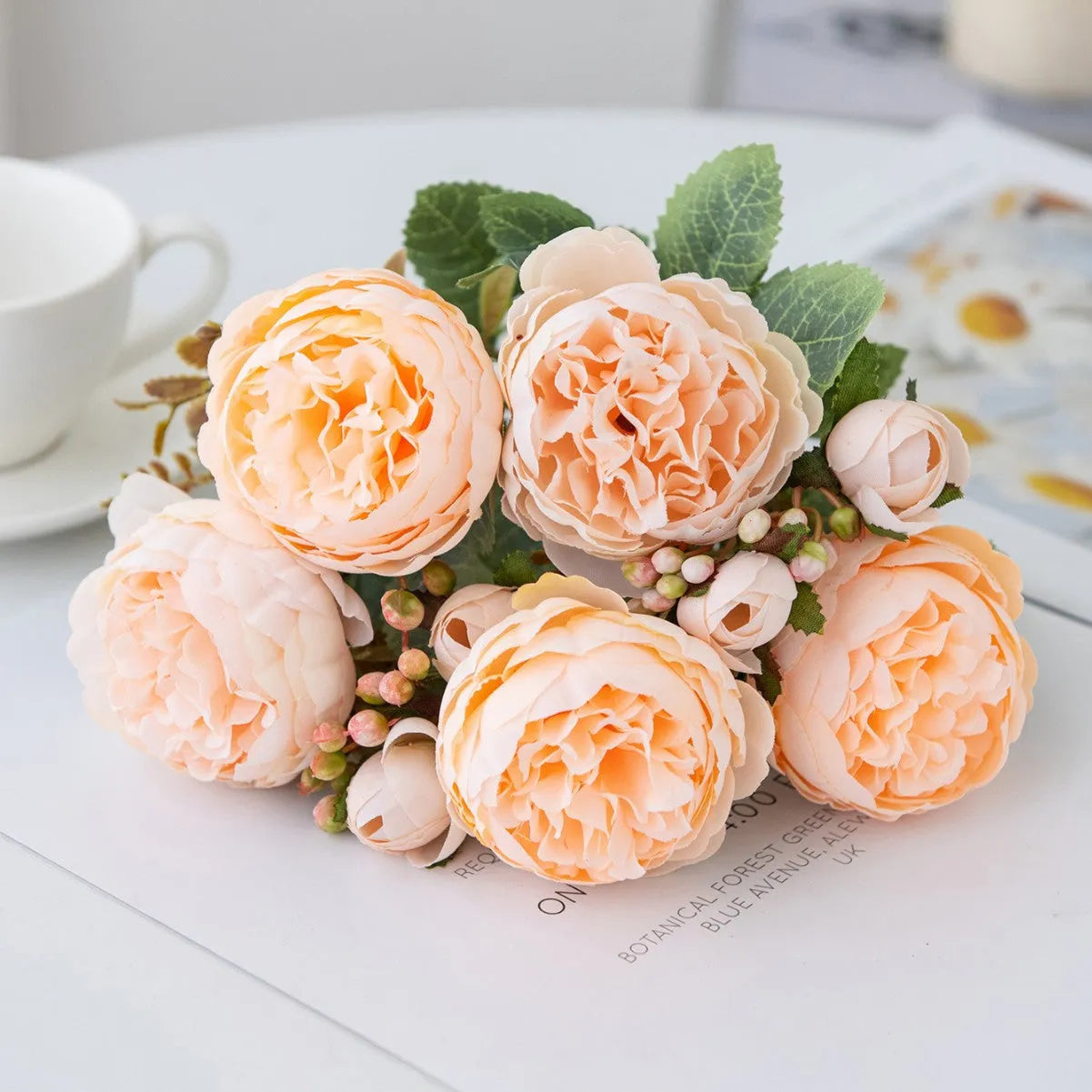 Artificial silk peony flower bouquet in Champagne gold and Sand Red terracotta colours for home decoration.