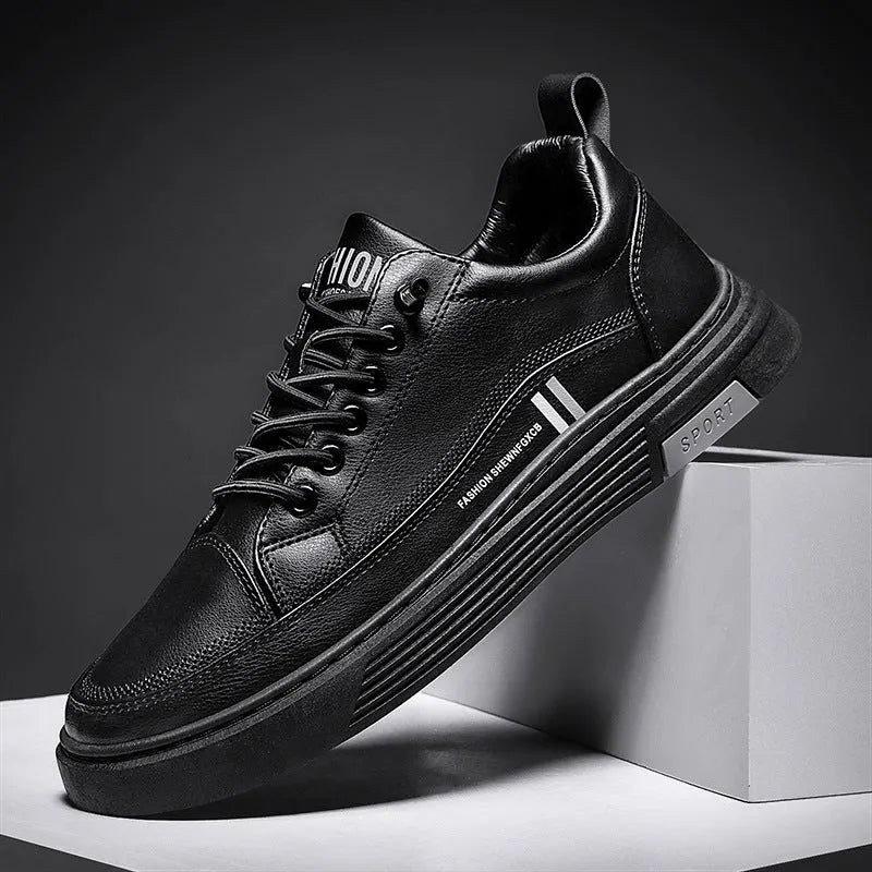 Men's black and white skateboard shoes with microfiber upper and elastic band closure