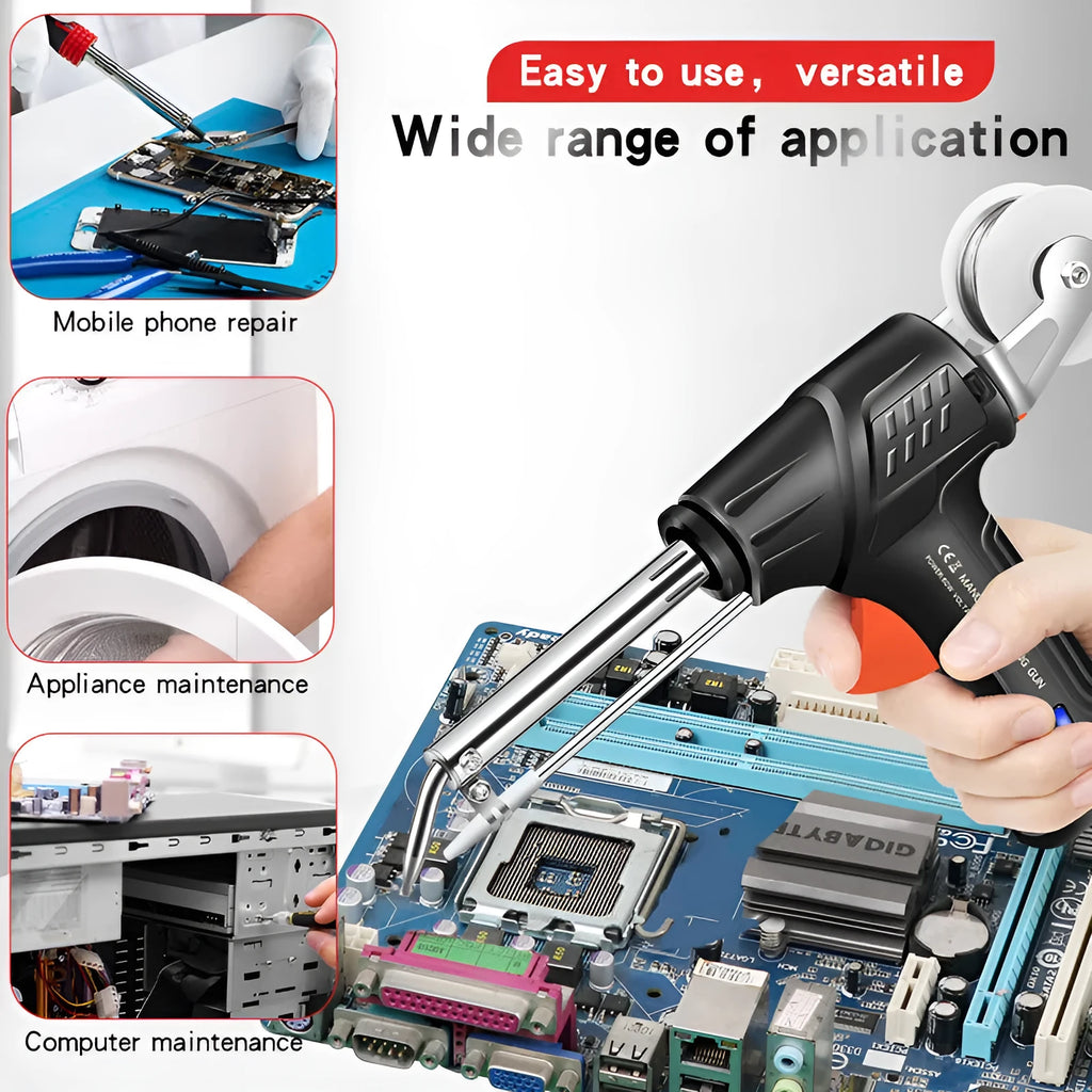 Black soldering gun with integrated light, 205 x 170mm alloy body with three electrical specification options