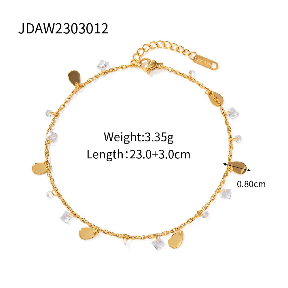 Stainless steel women's anklet with a geometric water drop tassel pendant on an adjustable chain.