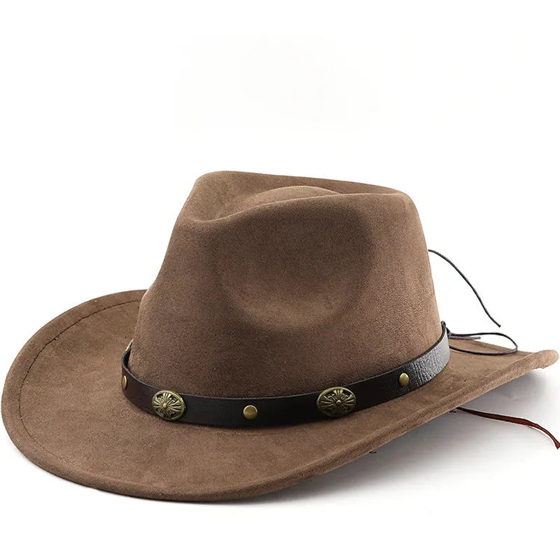 Brown leather velvet cowboy hat with curved brim and conical crown on a wooden post.