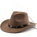 Brown leather velvet cowboy hat with curved brim and conical crown on a wooden post.