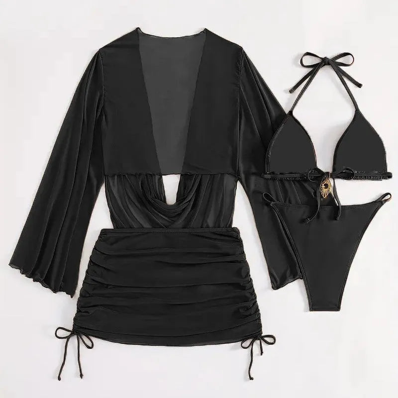Women's dark brown lace-up bikini set on a mannequin, showing sleeveless briefs design.