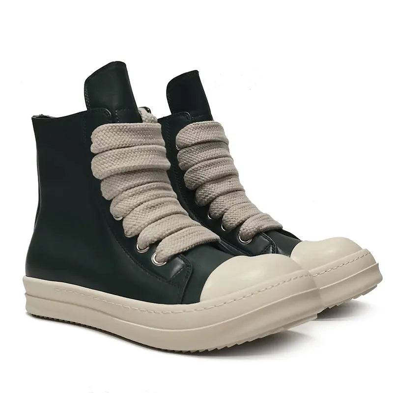 Black leather high-top sneakers with side zipper and round toe on a rubber platform sole