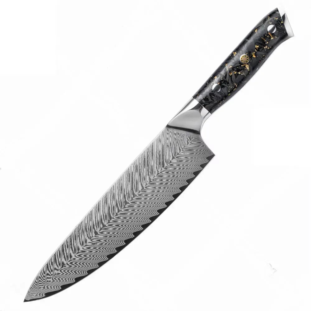 Eight-piece Damascus steel kitchen knife set showing fishbone pattern blades on a wooden surface.