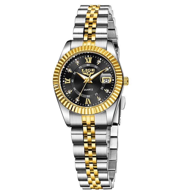 Slim gold and silver waterproof quartz fashion watch for women on a wrist, showing 10mm thickness.