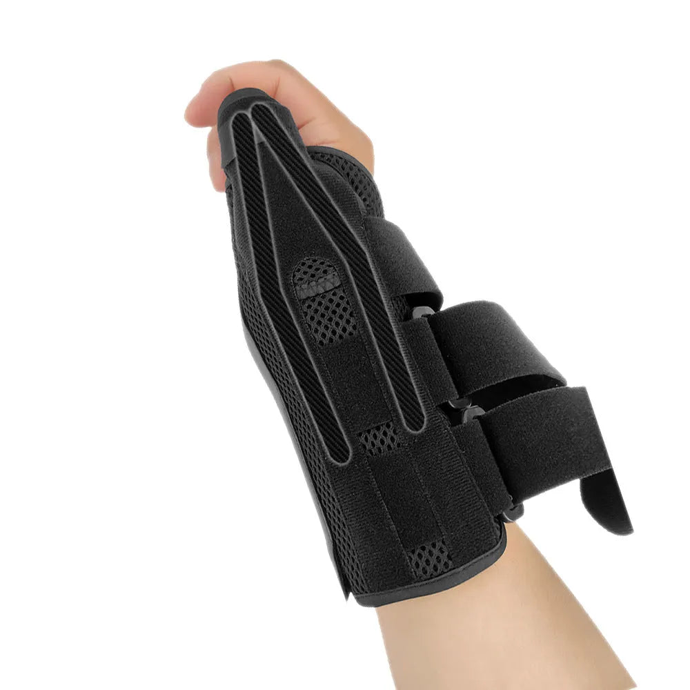 Black carbon fibre wrist guard with thumb strap and grey edging, shown for left and right hand.
