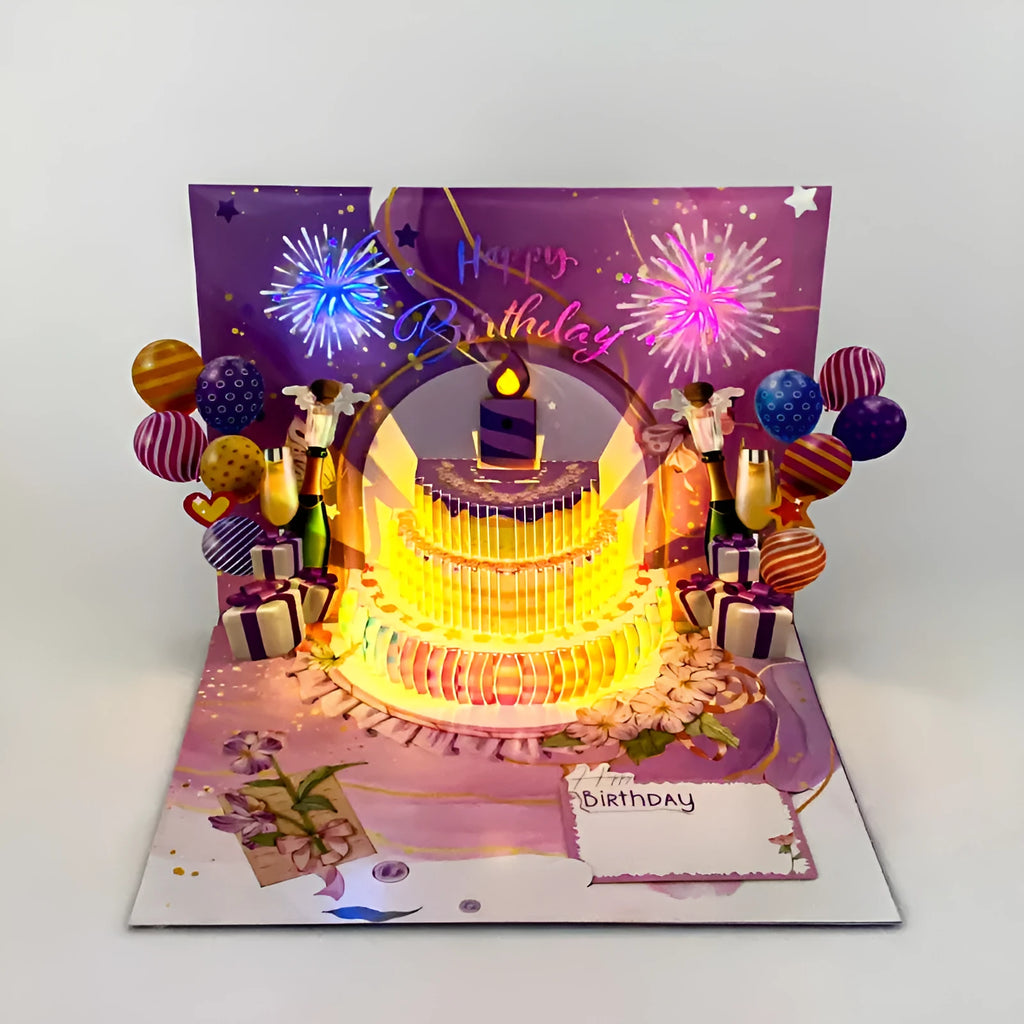 Open 3D cake greeting card with Chinese ink style artwork, showing its manually folded paper construction.