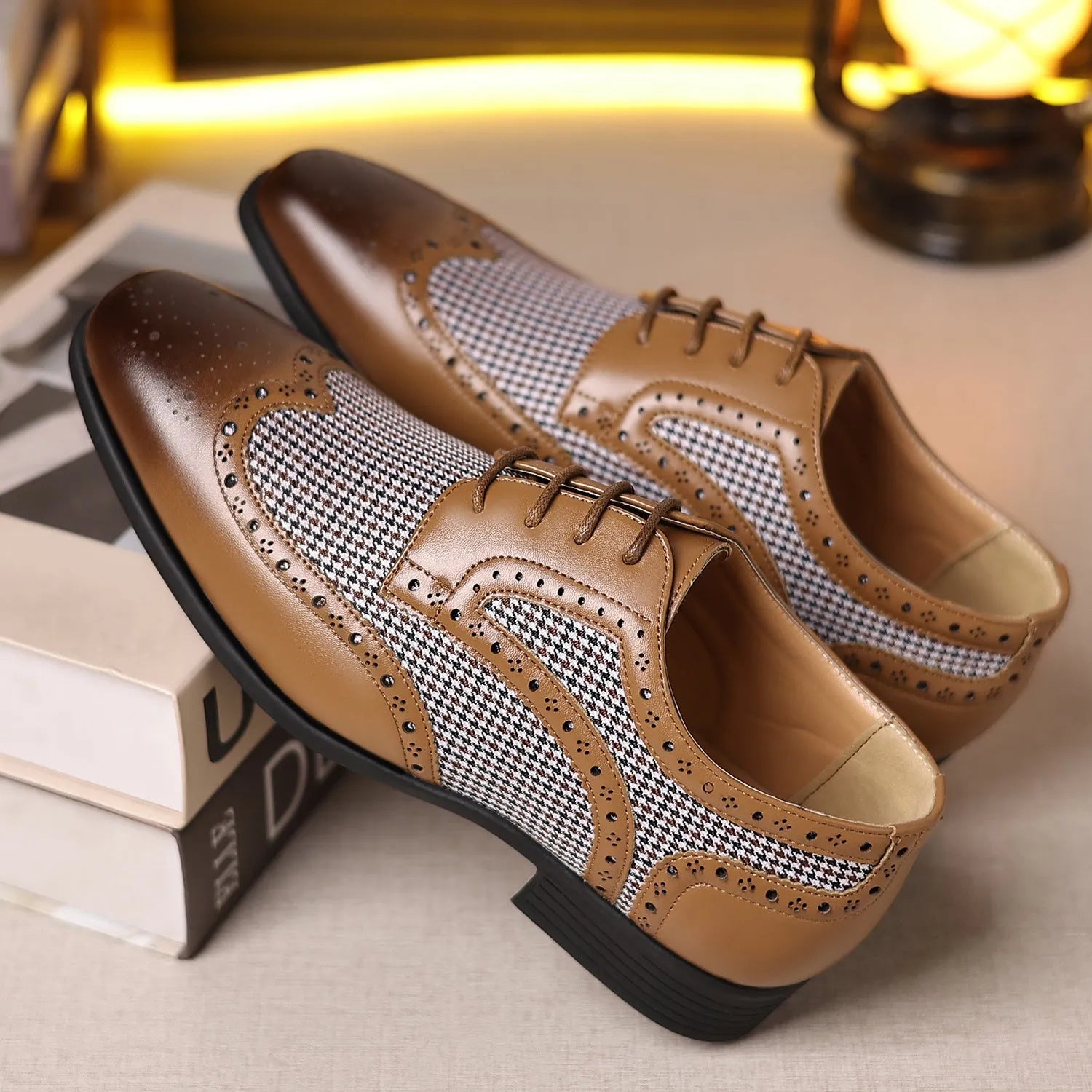 Men's black houndstooth plaid casual lace-up shoes with a square toe and rubber sole.