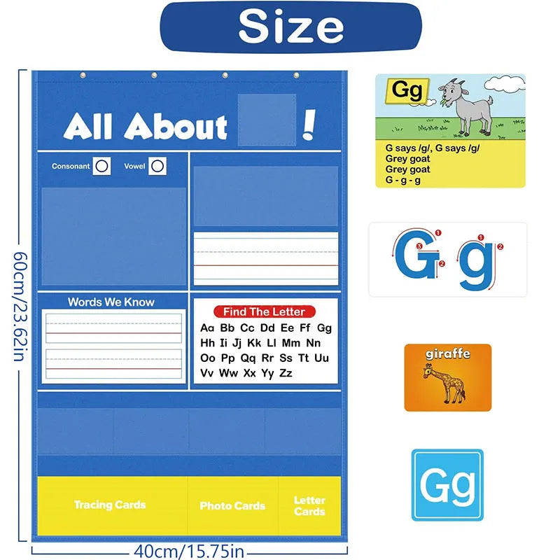 Large blue alphabet learning sleeve chart with scattered word, letter, and picture cards for children.