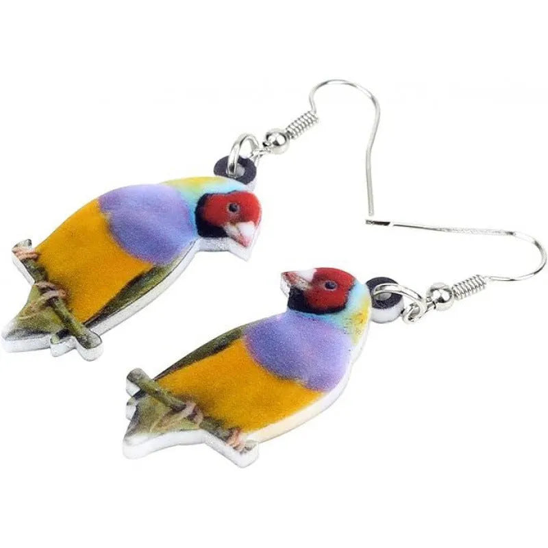 Blue Titmouse and snake motif acrylic drop earrings with geometric pendant shape on a white background.