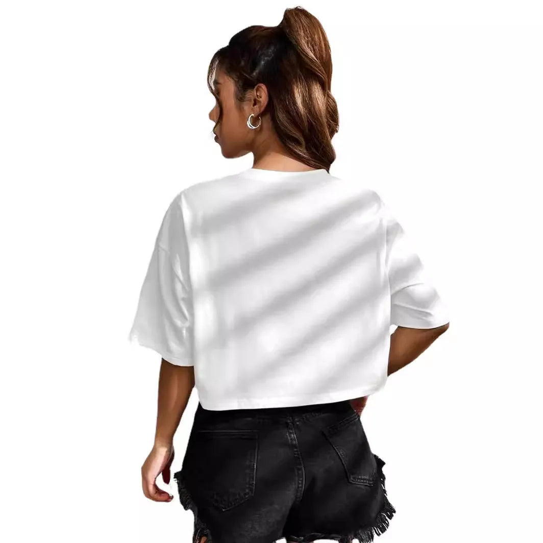 Women's black loose fit cotton T-shirt with exposed navel design and printed white English letters.