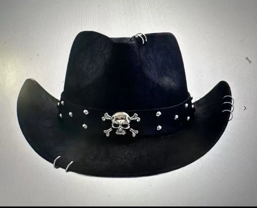 Brown leather velvet cowboy hat with curved brim and conical crown on a wooden post.