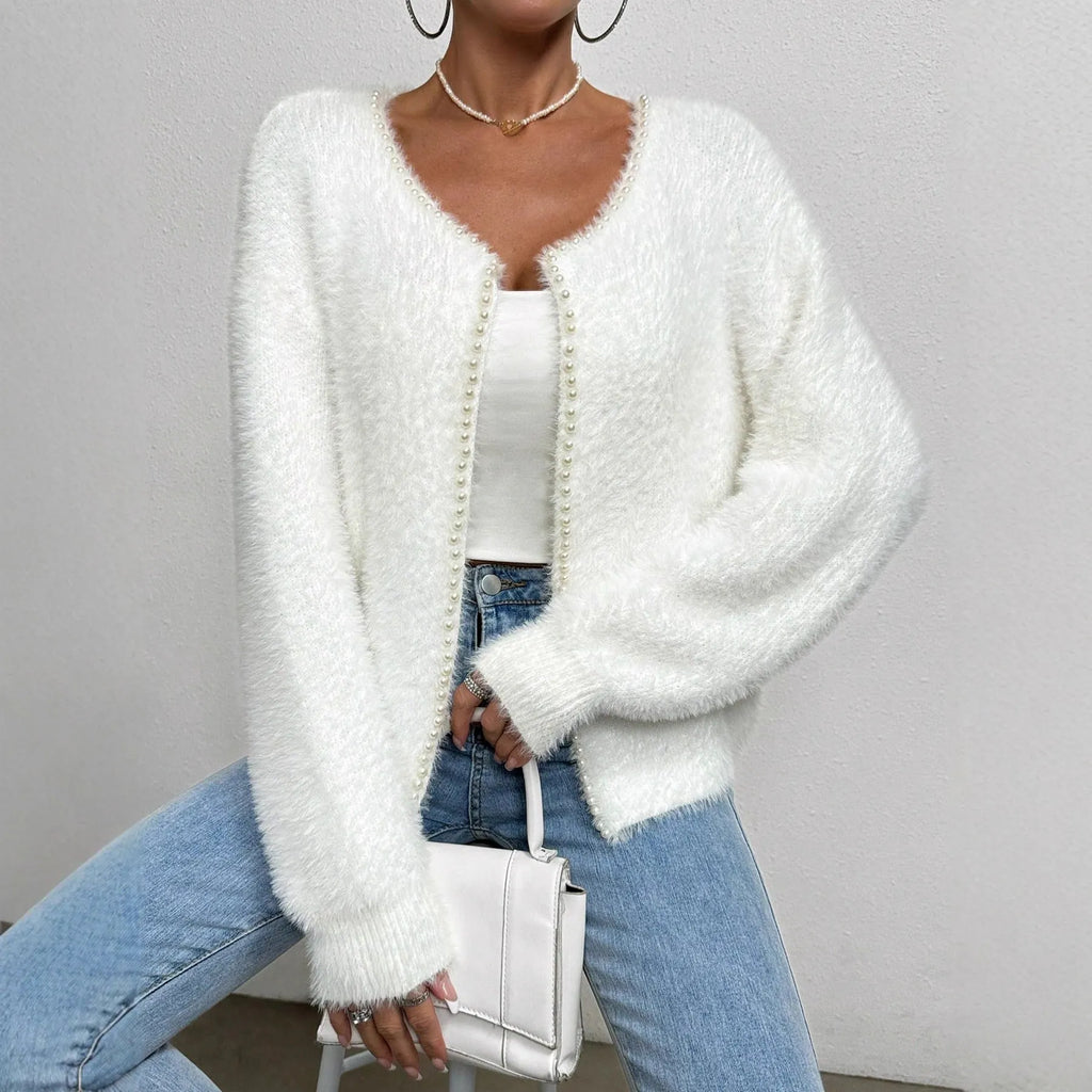 Women's white V-neck cardigan sweater made from polyester bead knitwear fabric