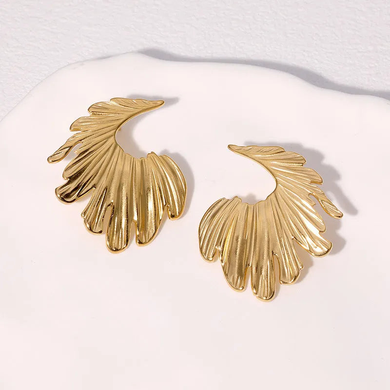 Stainless steel leaf design stud earrings in gold or steel electroplated finish
