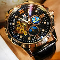 Large dial automatic mechanical watch with rose gold case and black leather strap