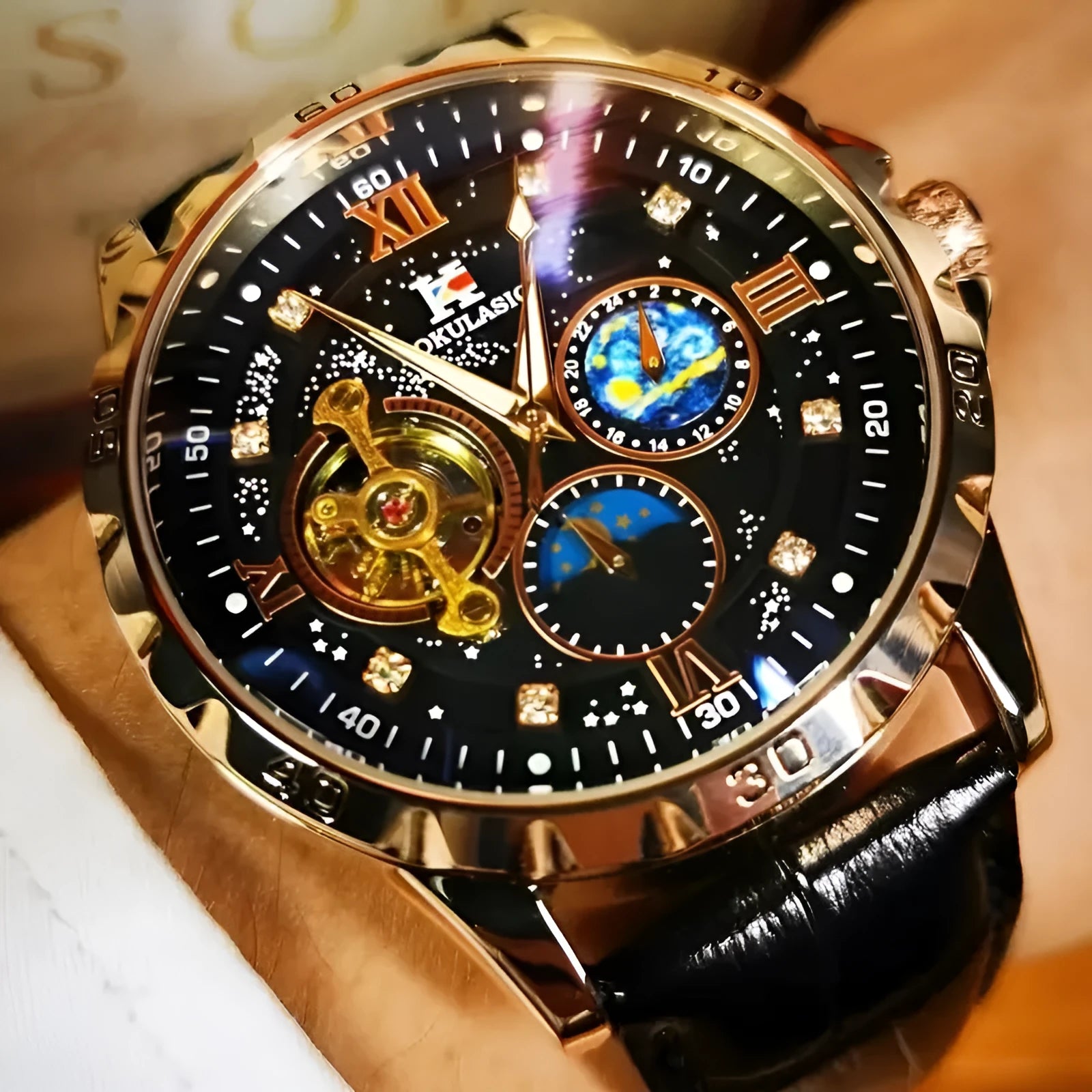 Large dial automatic mechanical watch with rose gold case and black leather strap