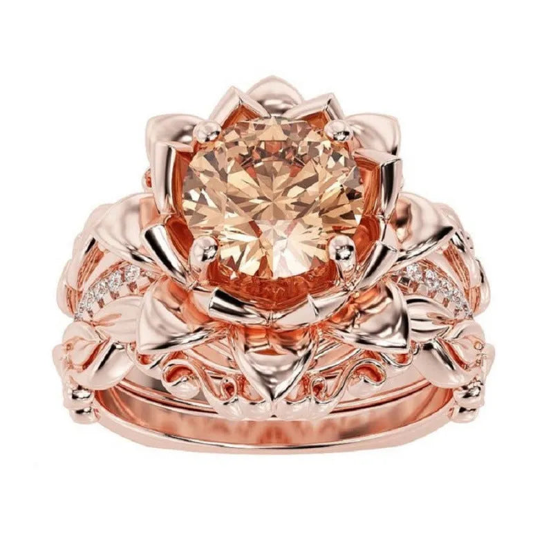 Rose design alloy ring with zircon inlay, shown in rose gold, black pink diamond, and black seven-colour rhinestone colour options.