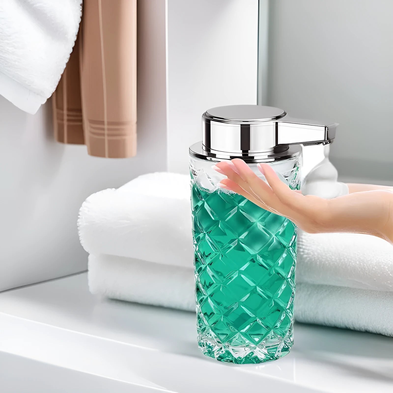 Silver automatic sensor soap dispenser with USB Type-C charging port on countertop.