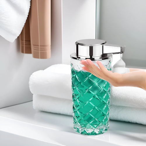 Silver automatic sensor soap dispenser with USB Type-C charging port on countertop.