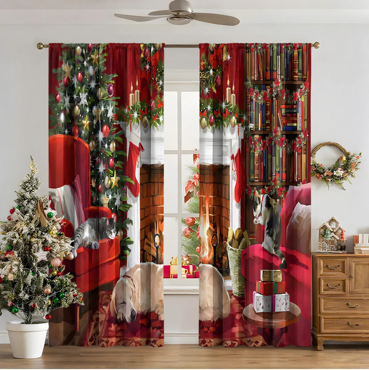 Pair of 3D digitally printed Christmas curtains in a modern design, made from polyester fabric.