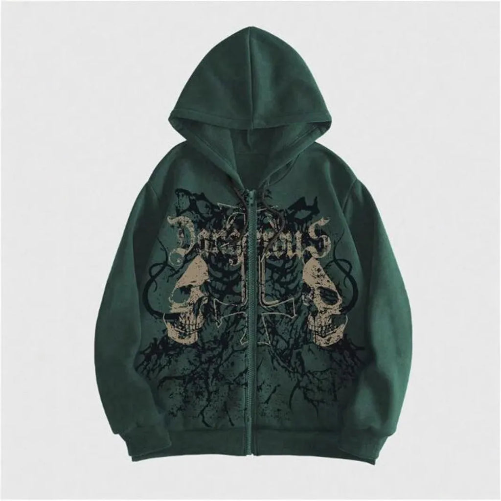 Men's black hooded sweatshirt with skull print hot stamping decoration and Harajuku styling