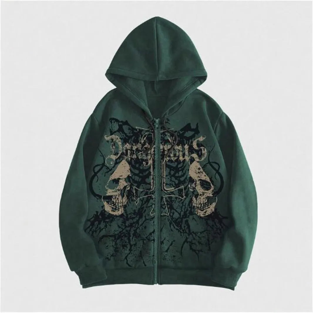 Men's black hooded sweatshirt with skull print hot stamping decoration and Harajuku styling