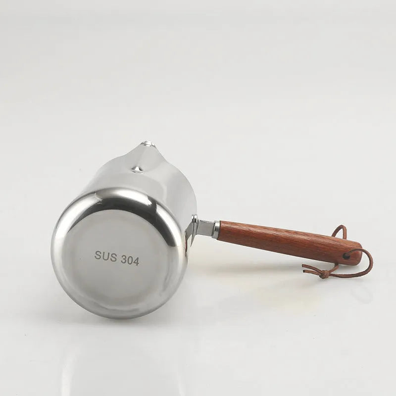 Stainless steel coffee cup with wooden handle shown in simple solid colour, available in 350ml, 600ml or 1000ml capacities.