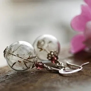 Transparent glass ball earrings with dandelion seed crystal design in silver French hooks