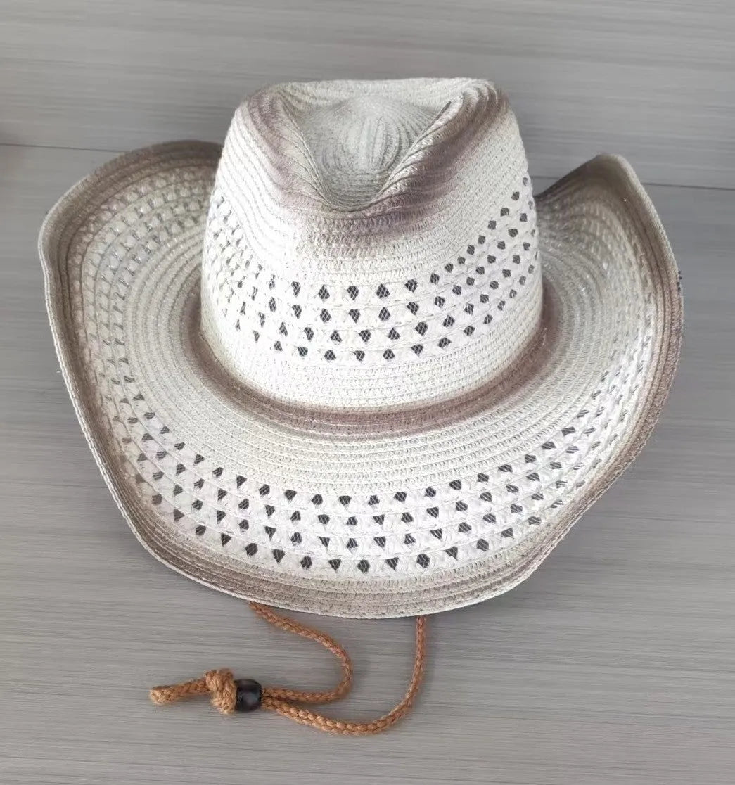 Brown leather velvet cowboy hat with curved brim and conical crown on a wooden post.
