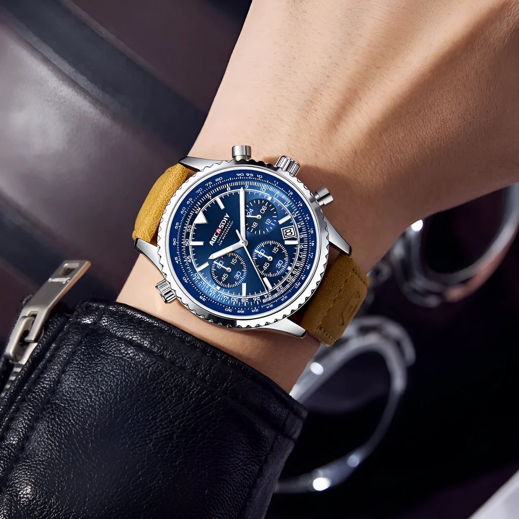 Men's quartz watch, 14mm thick, waterproof and luminous, silver or gold case with green, blue, or white surface
