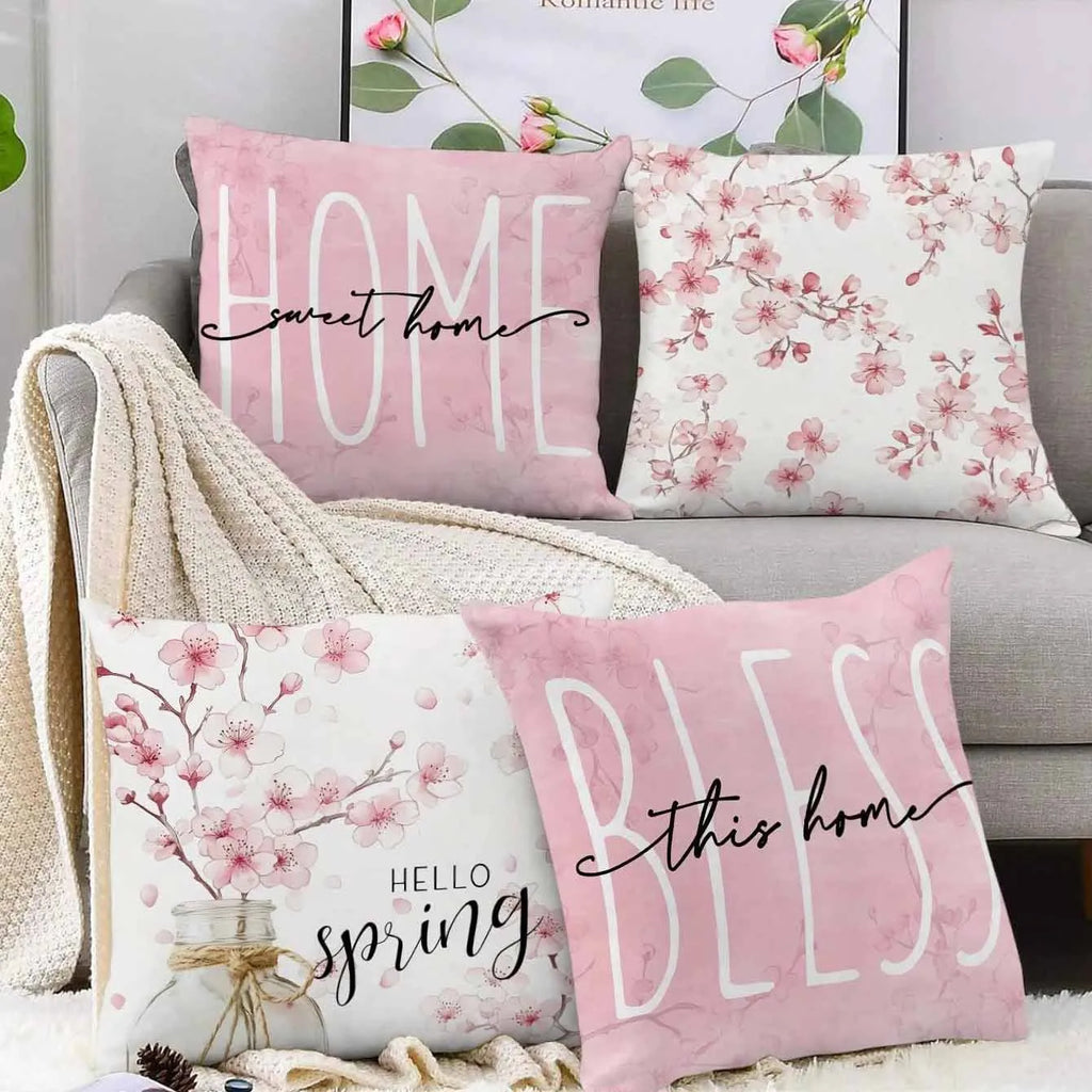 Square short velvet cushion cover with cherry blossom and letter print, 45cm size, shown in one of four HDRD192 colour options