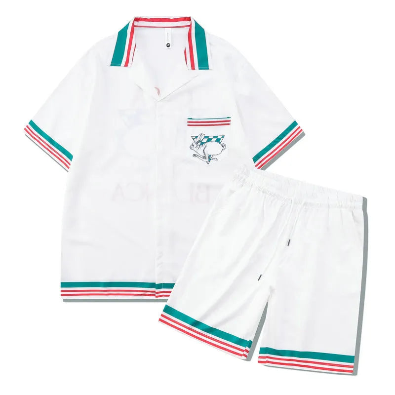 Men's plaid print beach outfit with short sleeve shirt and matching pants set
