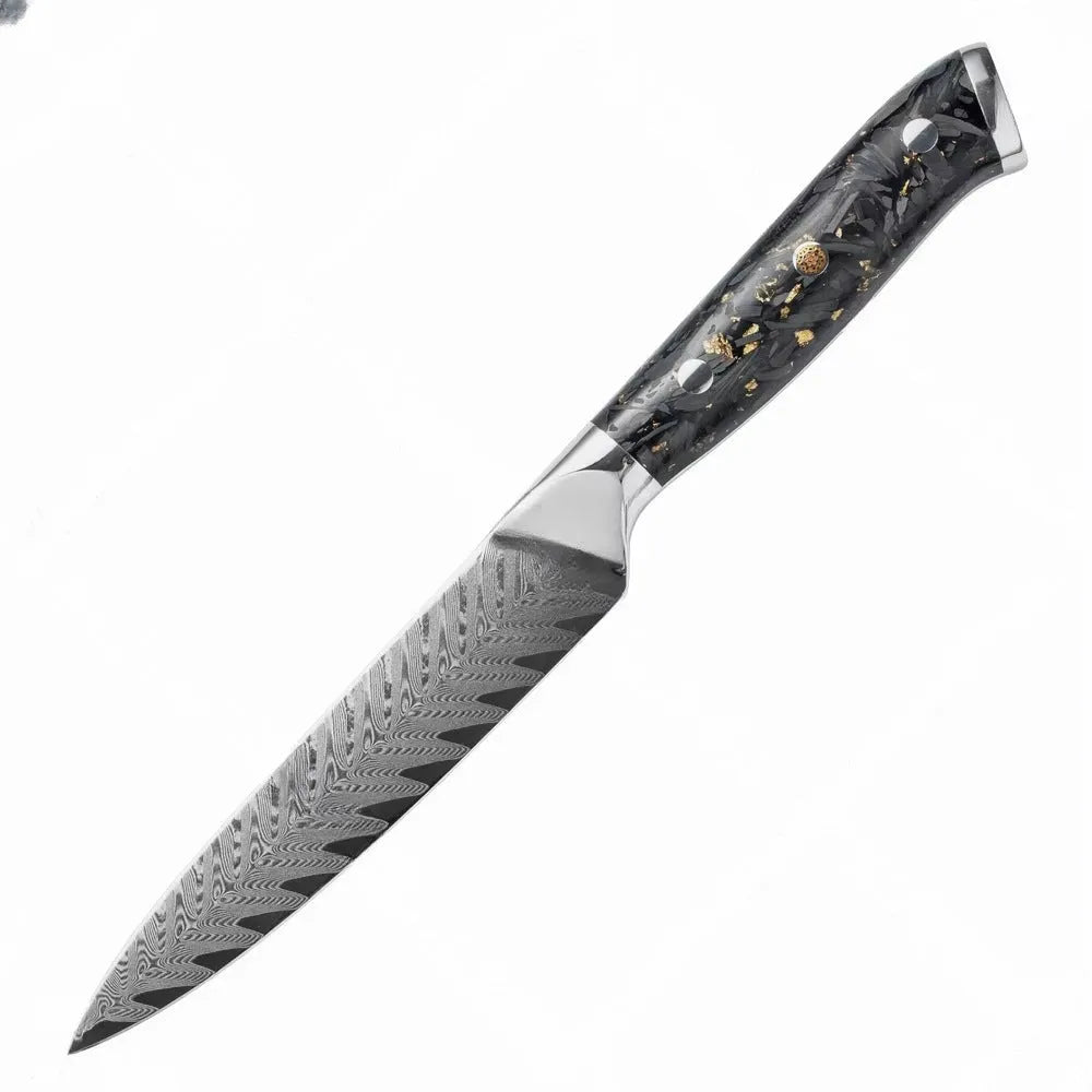 Eight-piece Damascus steel kitchen knife set showing fishbone pattern blades on a wooden surface.