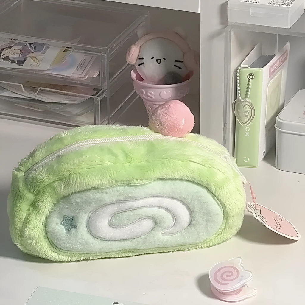 Honeydew velvet roll pencil case with Swiss roll cake colour design