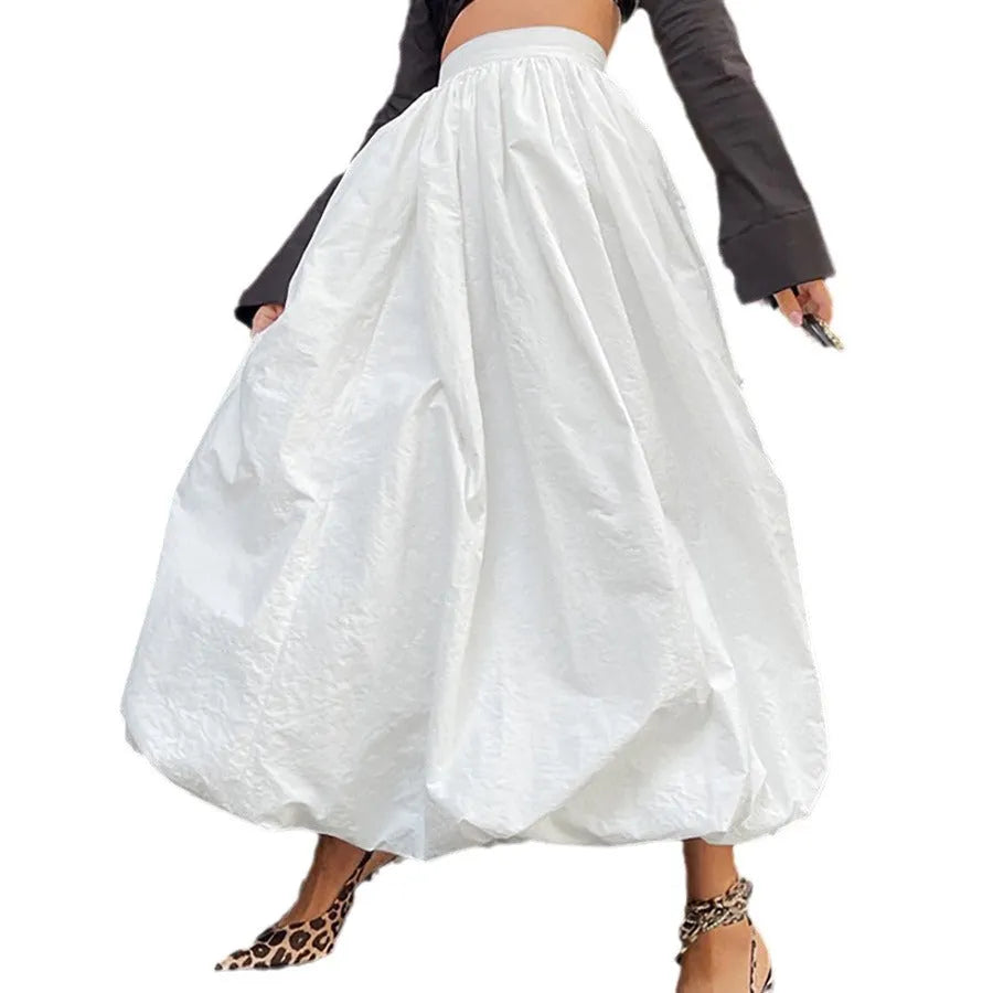 Women's solid colour cotton long skirt with elastic waistband in white or black options