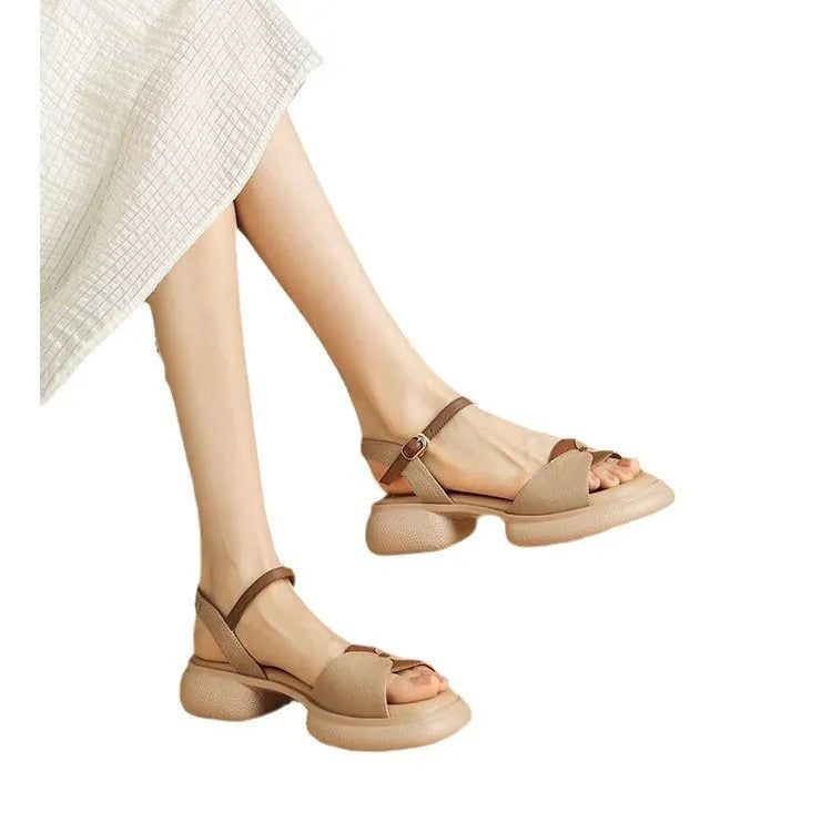Women's beige chunky heel platform sandals with open toe and renewable leather upper.