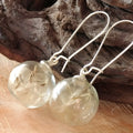 Transparent glass ball earrings with dandelion seed crystal design in silver French hooks