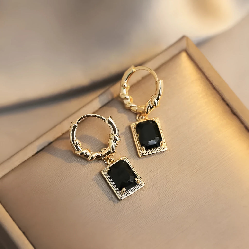 Geometric quadrilateral black zircon drop earrings in copper with a French court retro style.