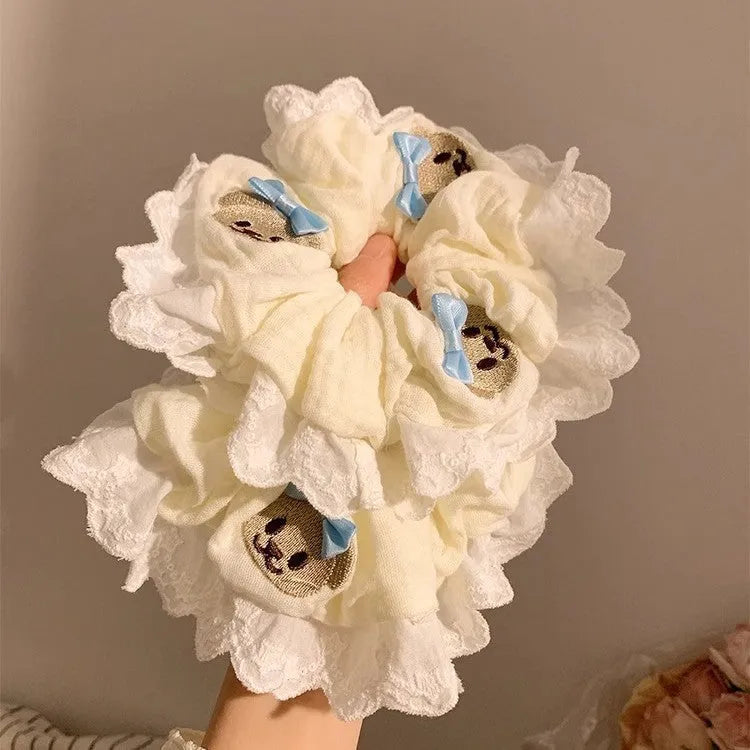 Bear blue bow lace elastic large intestine hair ring with cute bear motif on cloth material