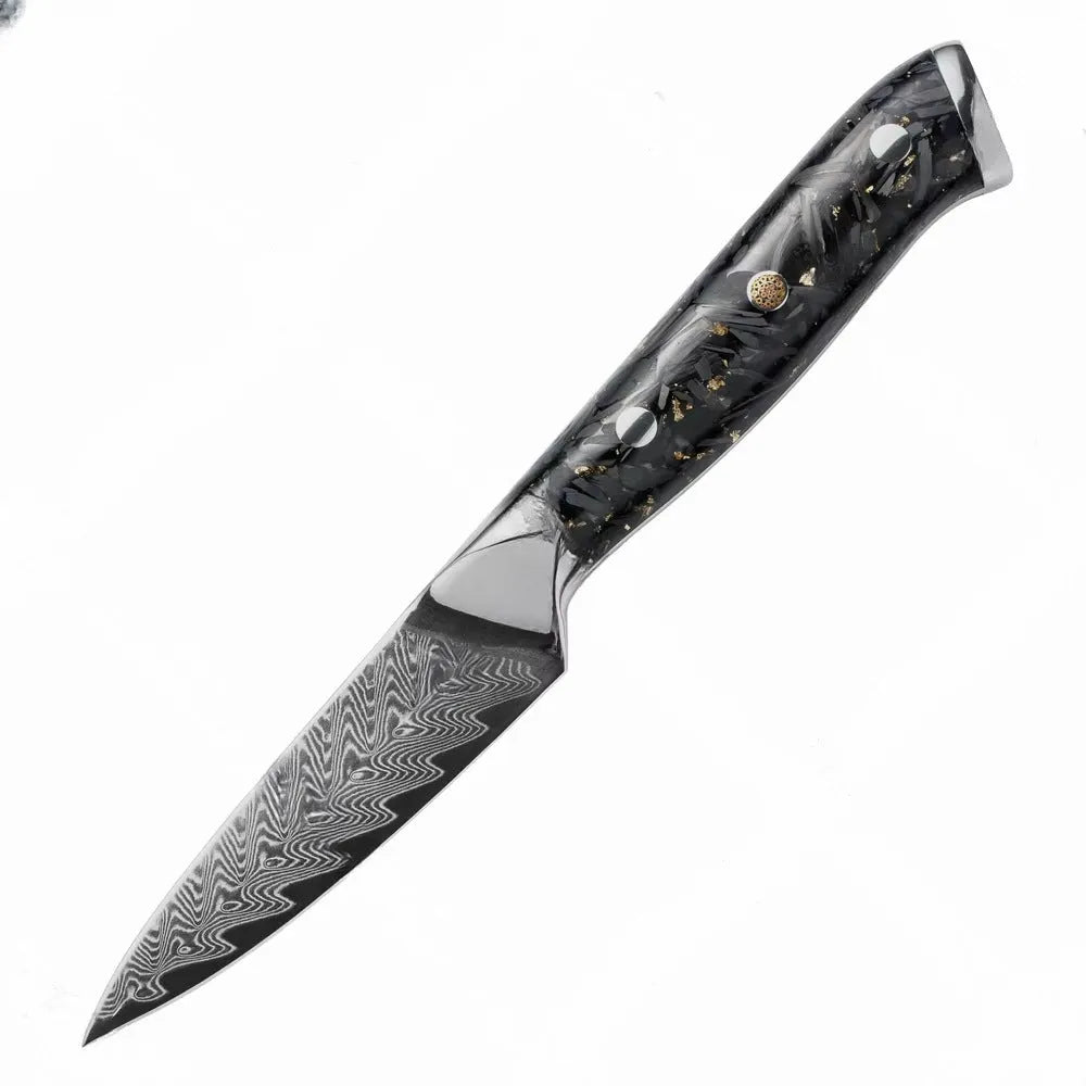 Eight-piece Damascus steel kitchen knife set showing fishbone pattern blades on a wooden surface.